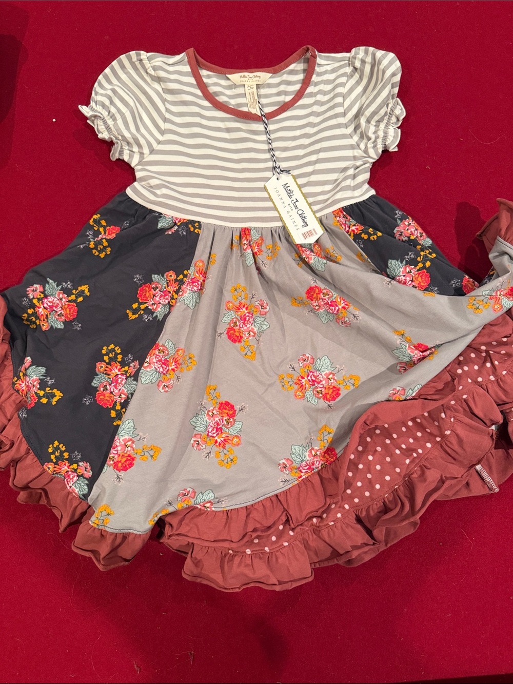 Matilda Jane Joanna Gaines Grey Stripe and Rust Floral Ruffle Dress